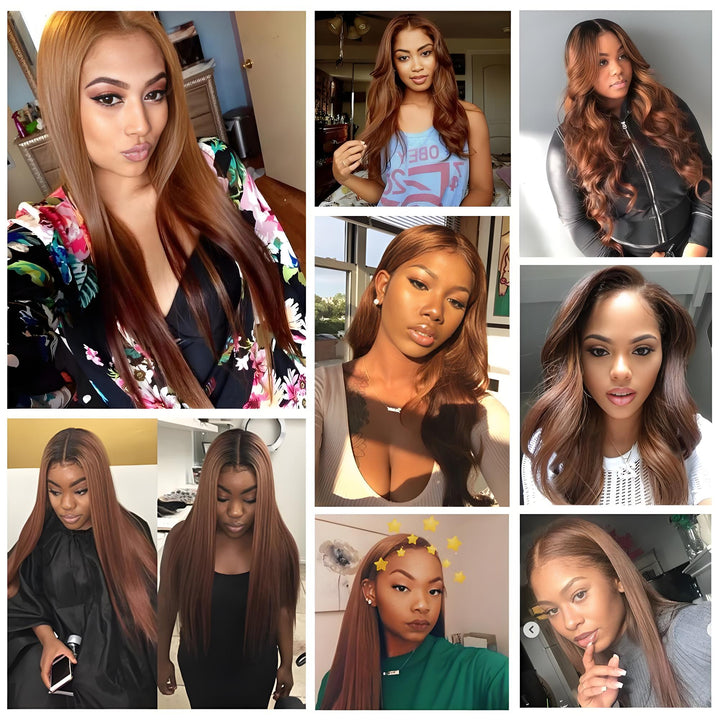 Multiple women modeling various styles of long straight brown hair bundles, featuring smooth and voluminous looks.