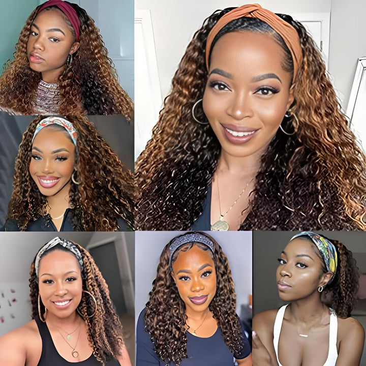 Customer collage featuring different looks with the EuxmeHair deep wave headband wig in brown and honey blonde mix.