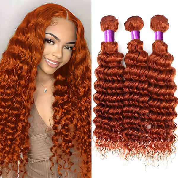 Side-by-side image of model wearing ginger curly hair and matching three deep wave bundles.