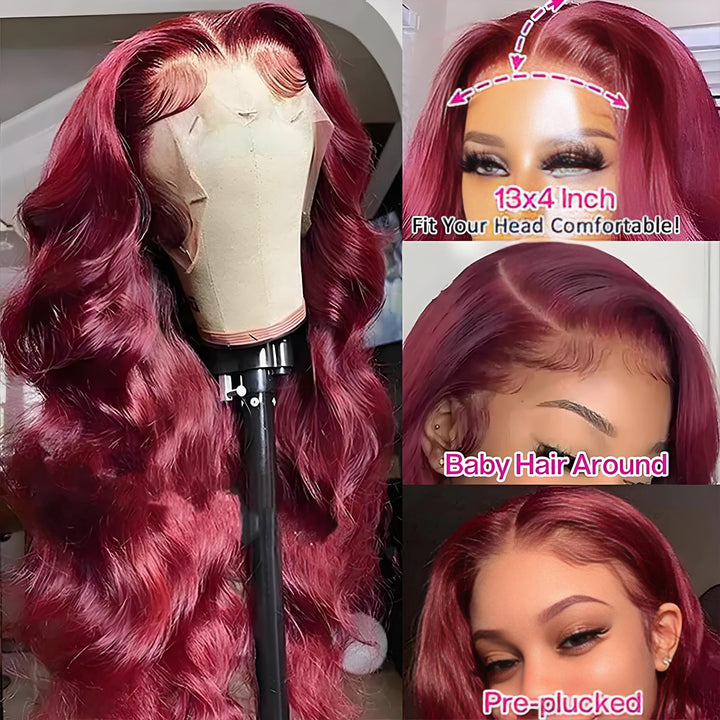 Detailed view of EuxmeHair HD Lace Front Wig with natural baby hairs and pre-plucked hairline. Burgundy Body Wave style for a flawless look.