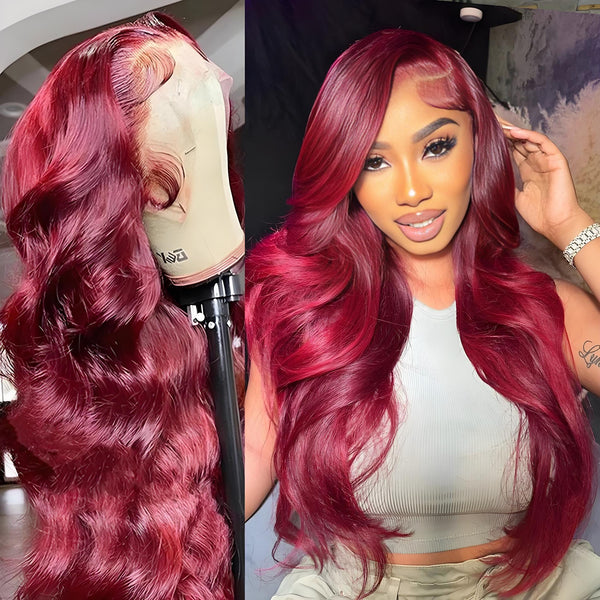 Close-up view of EuxmeHair 13x4 HD Lace Front Wig in 99J Burgundy color. Virgin human hair with soft waves and easy, glueless application.