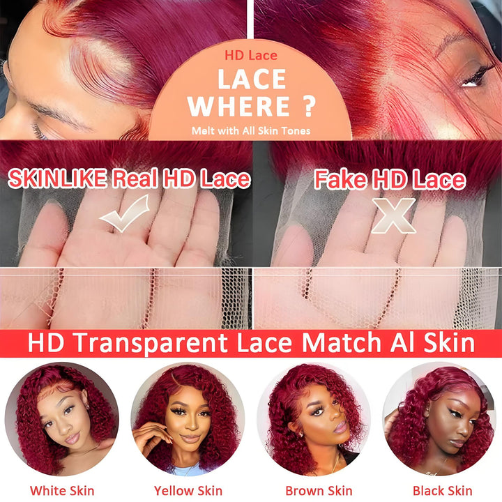 Close-up of HD Lace showing the difference between real and fake HD lace. The 99J Burgundy color of this wig complements all skin tones beautifully.