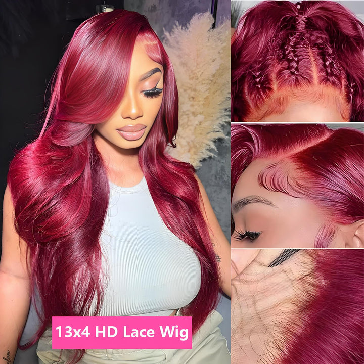 Side view of a model wearing an EuxmeHair 13x4 HD Lace Wig in 99J Burgundy color. The natural hairline and glueless fit for a seamless style.