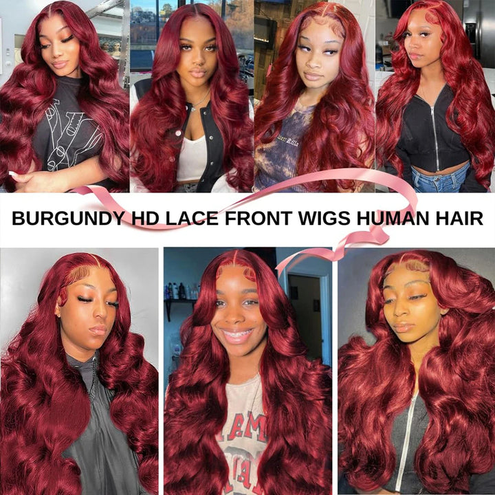 EuxmeHair Burgundy Body Wave HD Lace Front Wig – 99J Virgin Human Hair, Soft & Glueless. Showcasing vibrant color and natural waves for a stunning look.