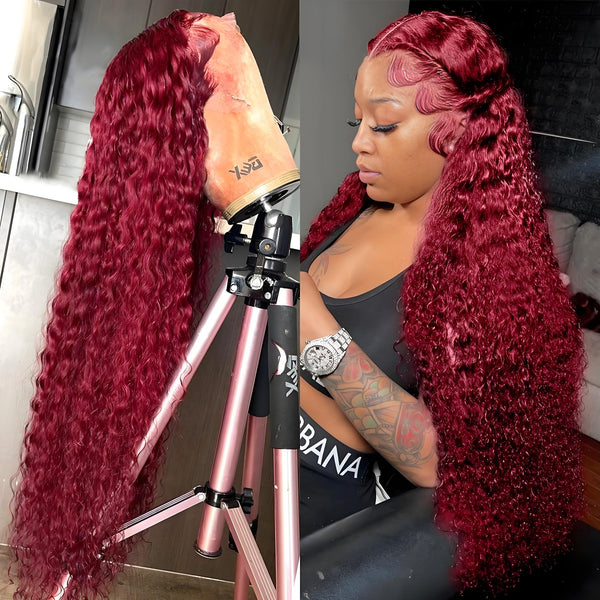 Side-by-side view of EuxmeHair 99J Burgundy Deep Wave Wig on mannequin and model, showcasing lace melt and long wavy length.