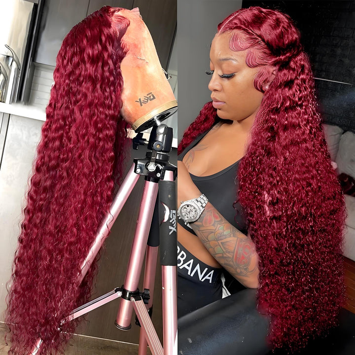 Side-by-side view of EuxmeHair 99J Burgundy Deep Wave Wig on mannequin and model, showcasing lace melt and long wavy length.