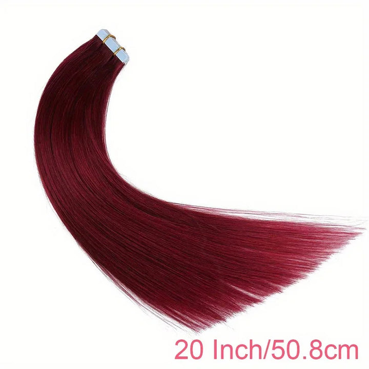 20-inch straight burgundy wine red tape in hair extensions showing smooth texture and adhesive tabs.