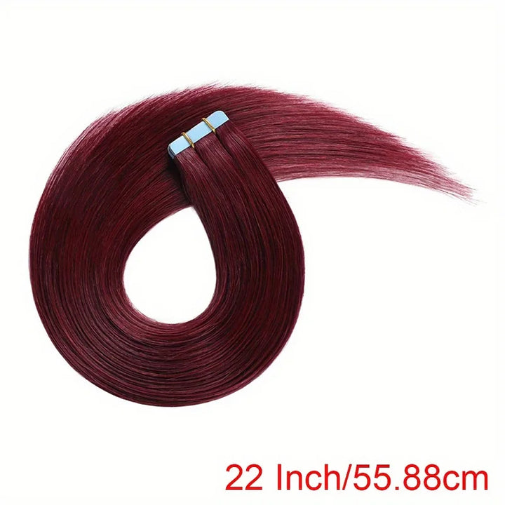 22-inch straight burgundy wine red tape in hair extensions curled into a loop, showing smooth silky strands.