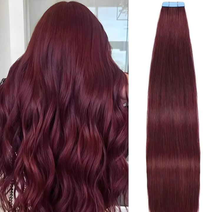 Back view of wavy burgundy wine red tape in hair extensions next to straight product strip.