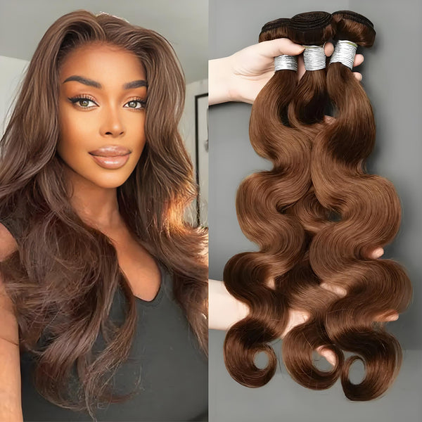 Model with long chocolate body wave hair beside hand holding three matching bundles.