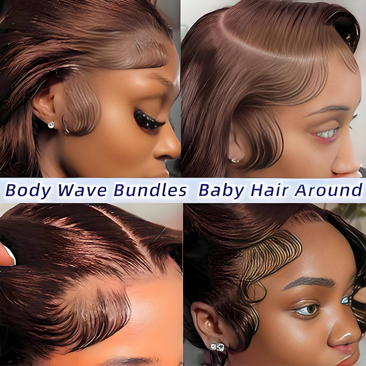 Close-up of baby hairs and edges styled on chocolate brown body wave hair, showing natural hairline and styling detail.