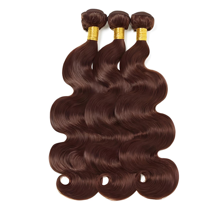 Four chocolate brown body wave bundles neatly arranged flat, showing uniform wave pattern and healthy shine.