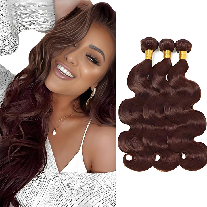 Smiling model with chocolate brown body wave hair next to three bundles shown against white background.