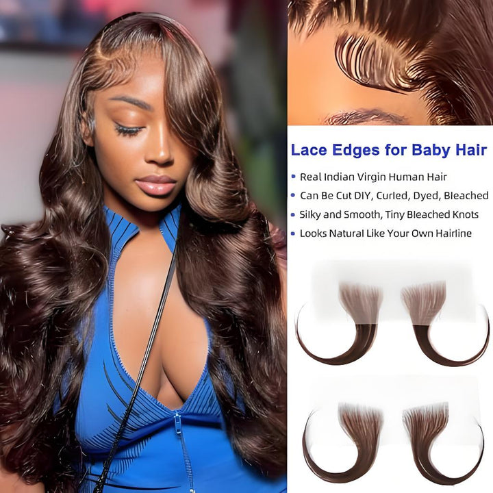 Model wearing chocolate body wave wig with lace front edges, featuring baby hair and tiny bleached knots, alongside lace samples.