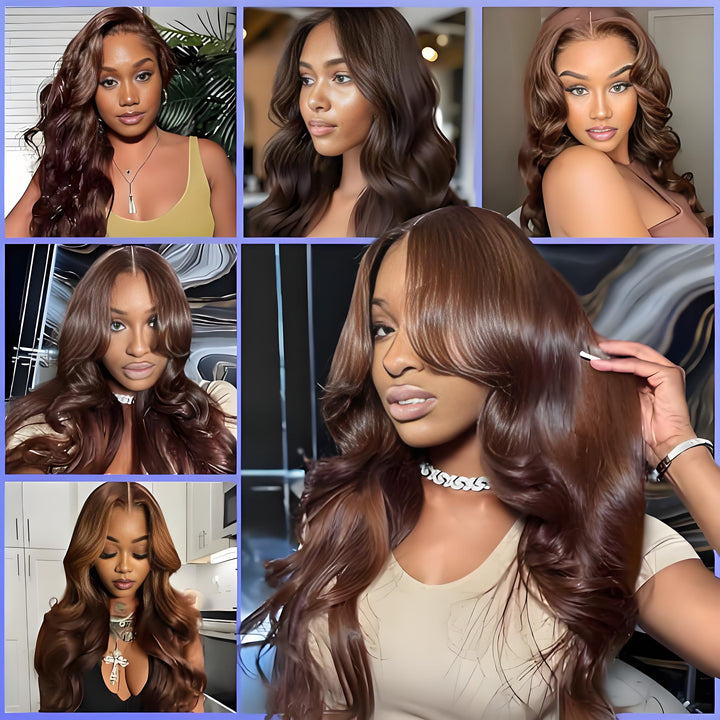Collage of multiple models wearing chocolate brown body wave hairstyles in different settings and outfits.