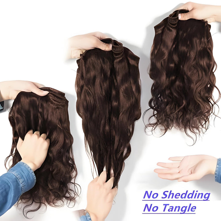 Hands holding and combing chocolate brown body wave bundles with caption stating “No Shedding No Tangle”.
