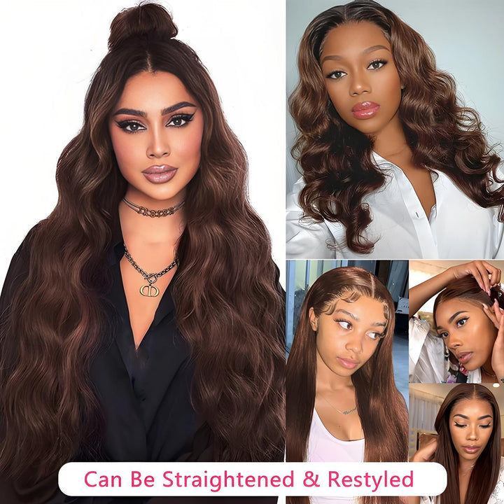 Model collage showcasing chocolate brown body wave hair in various styles, straightened and curled with label “Can Be Straightened & Restyled”.