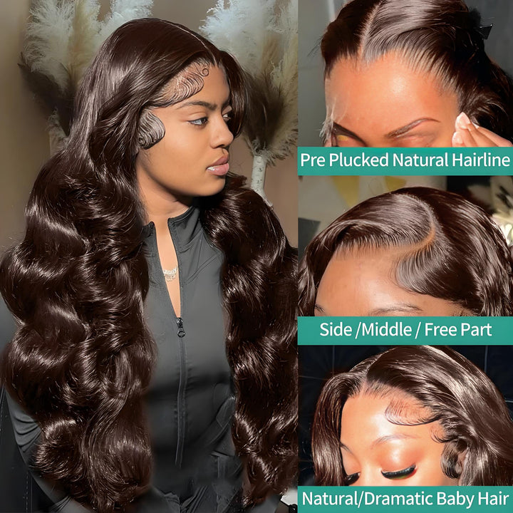 Model and close-ups showing natural hairline, baby hair styling, and parting versatility on chocolate brown body wave wig.