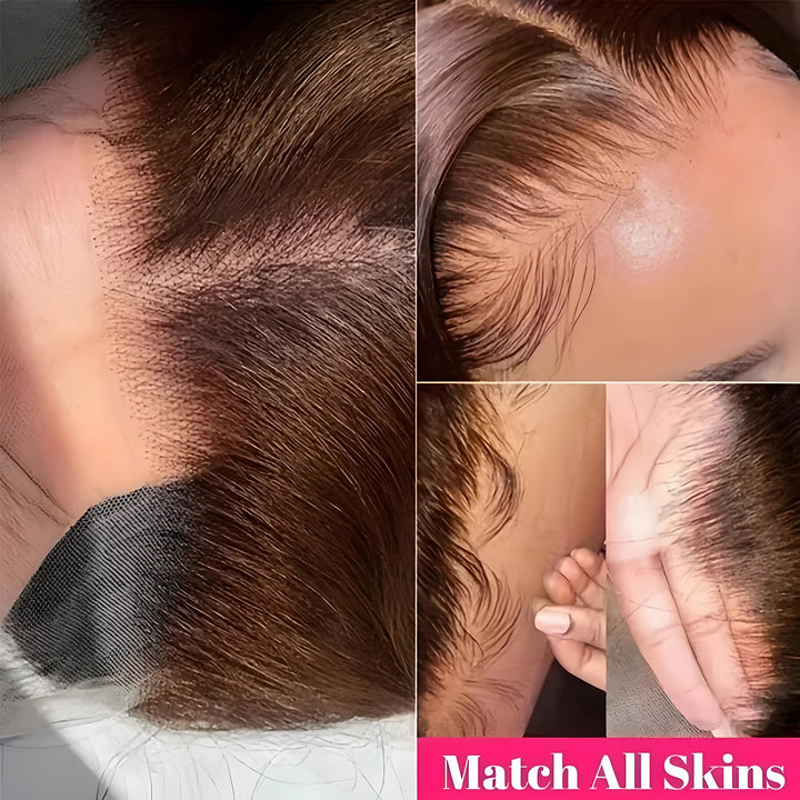 Multiple close-ups showing lace blending into different skin tones, with focus on hairline and parting.