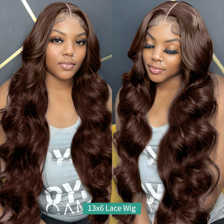 Side-by-side view of lace front body wave wig on model, featuring 13x6 lace and flowing curls.