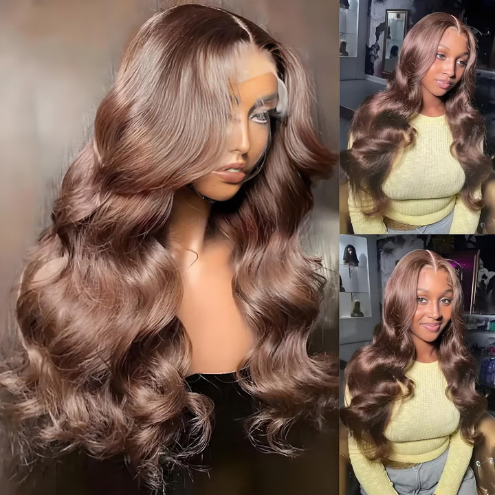 Mannequin and model views of chocolate brown wig with big body waves and soft shine.