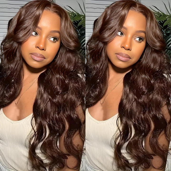 Dual front view of model wearing chocolate brown body wave wig, highlighting soft texture and natural volume.