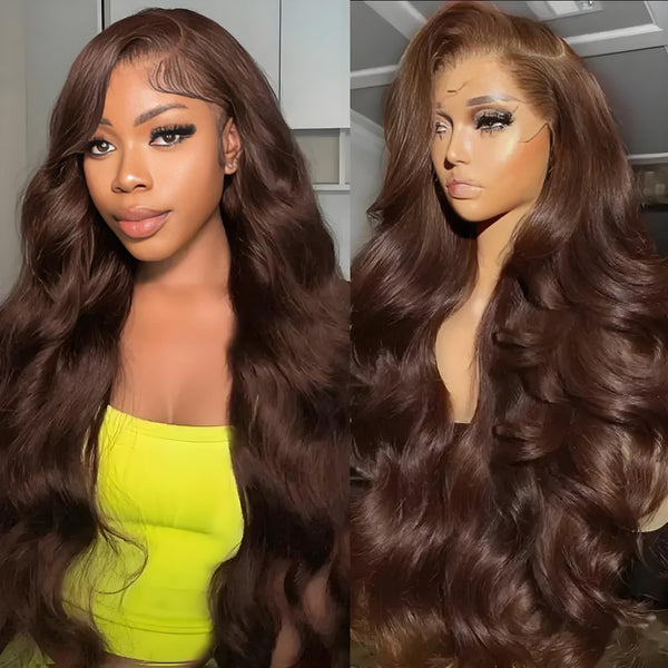 Model and mannequin displaying chocolate brown body wave wig with bouncy, voluminous curls and defined lace parting.