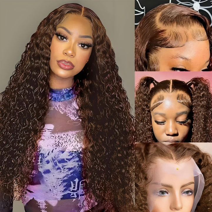 Model close-ups showing different baby hair and hairline styles on chocolate brown deep wave wig.