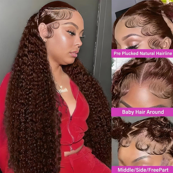 Close-up of chocolate brown deep wave wig showing pre-plucked natural hairline, baby hair, and middle/side/free parting options.