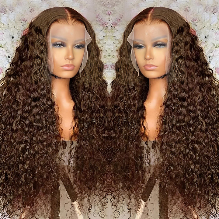 Dual mannequin display of chocolate brown deep wave wig showing HD lace and defined parting line.