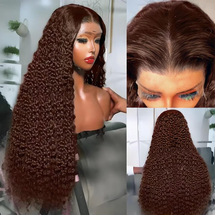 Wig on mannequin showing middle parting, lace detail, and full back view of the deep wave curls.