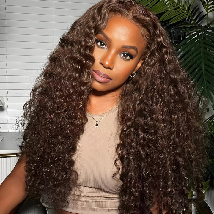 Model wearing chocolate brown deep wave lace front wig with soft, voluminous curls and realistic hairline.