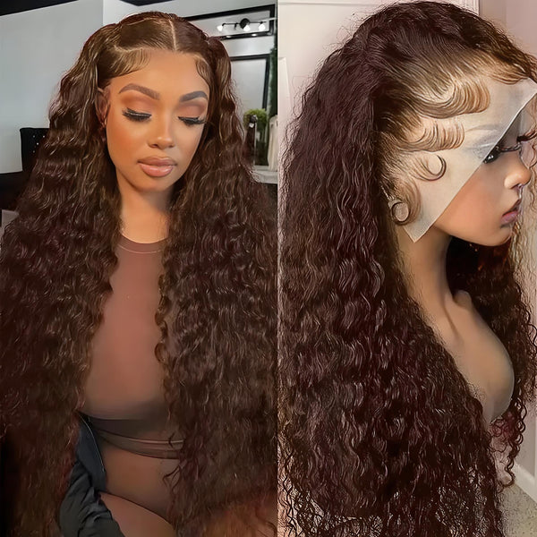 Side view of deep wave wig on model and mannequin showing pre-plucked edges and lace blending.