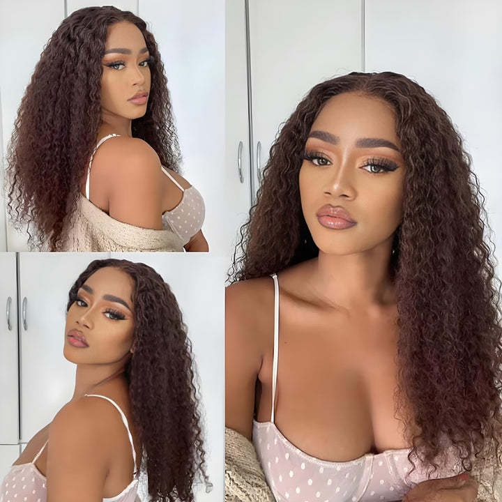 Model showcasing soft and natural texture of chocolate brown deep wave wig styled with light curls.