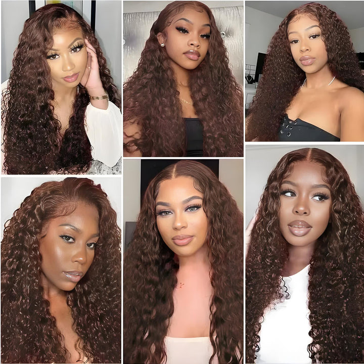 Gallery of six models wearing chocolate brown deep wave wig with middle parts and natural makeup styles.