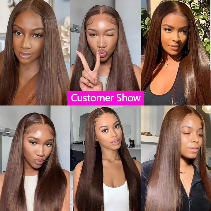 Customer show collage of models wearing chocolate brown straight bundles, sleek and shiny natural look in various hairstyles.