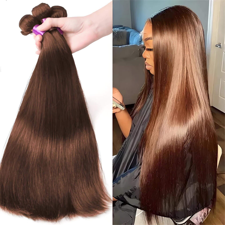 Full-length chocolate brown straight human hair bundles, silky smooth strands held in hand with reinforced weft close-up.