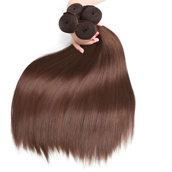 Hand holding multiple chocolate brown straight hair bundles by reinforced wefts, smooth silky strands flowing downward.
