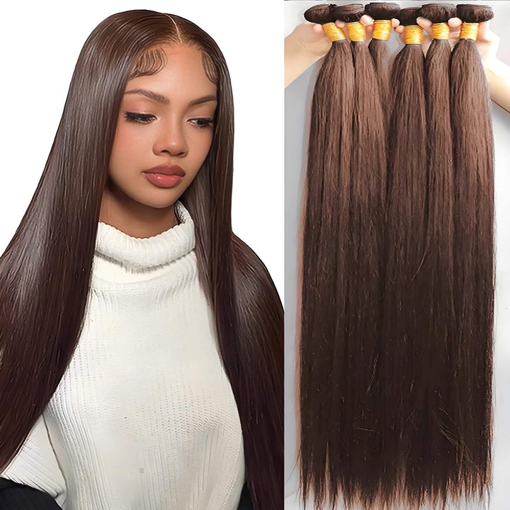 Model wearing sleek chocolate brown straight bundles alongside six wefts displayed in hand, full and shiny hair texture.
