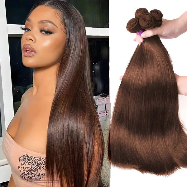 Model wearing chocolate brown straight hair bundles with glossy sleek finish, shown beside hand holding multiple wefts.