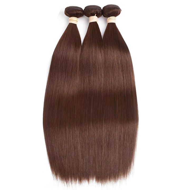 Three bundles of chocolate brown straight human hair extensions laid flat, silky smooth texture with natural shine.