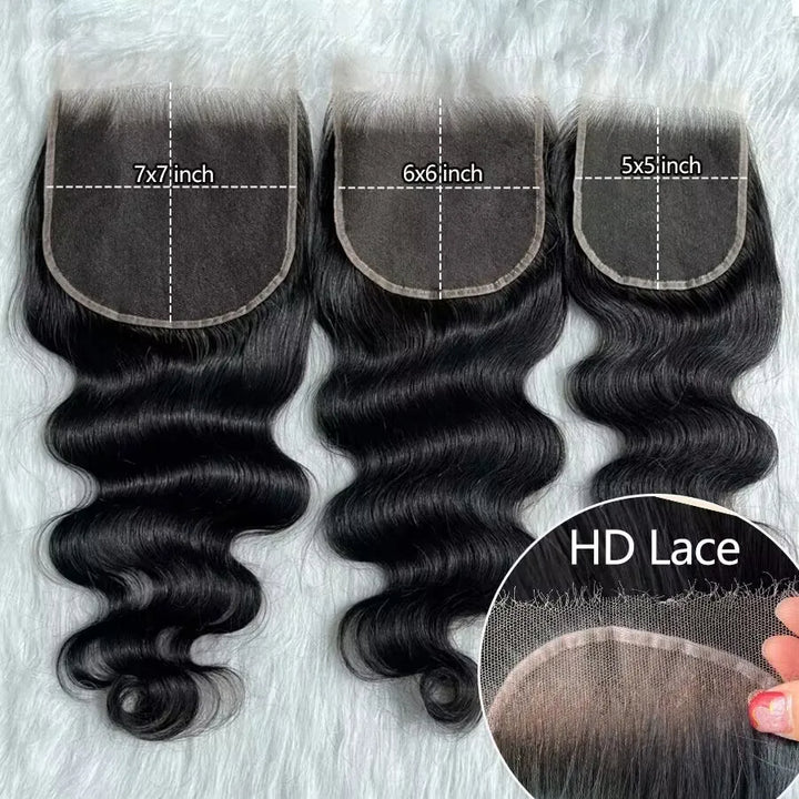 HD lace closure size comparison of 5x5, 6x6, and 7x7 wigs in body wave texture with breathable lace base.