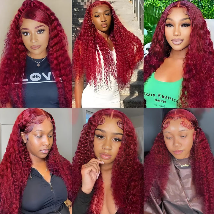Multiple customers wearing the EuxmeHair 99J deep wave lace wig, showing realistic melt and soft virgin human hair texture.
