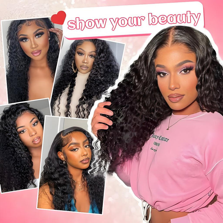 Customer photo collage featuring multiple models wearing deep wave glueless wigs styled in various natural looks.