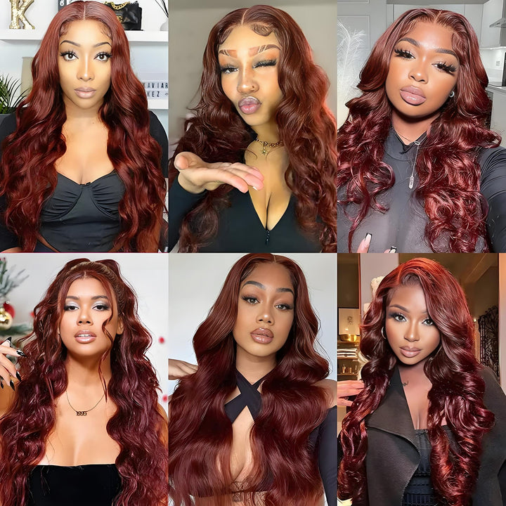 Collage of customers wearing EuxmeHair reddish brown body wave extensions in various styles and lighting.