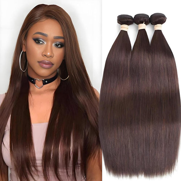 Model with long dark brown straight hair and flawless makeup, paired with a display of three thick and shiny hair bundles.