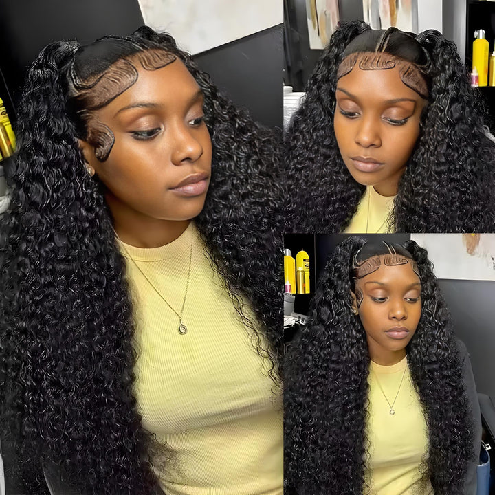 Model wearing EuxmeHair 13x6 HD Lace Front Wig in natural color deep wave style, showcasing pre-plucked hairline, virgin human hair, and glueless install.