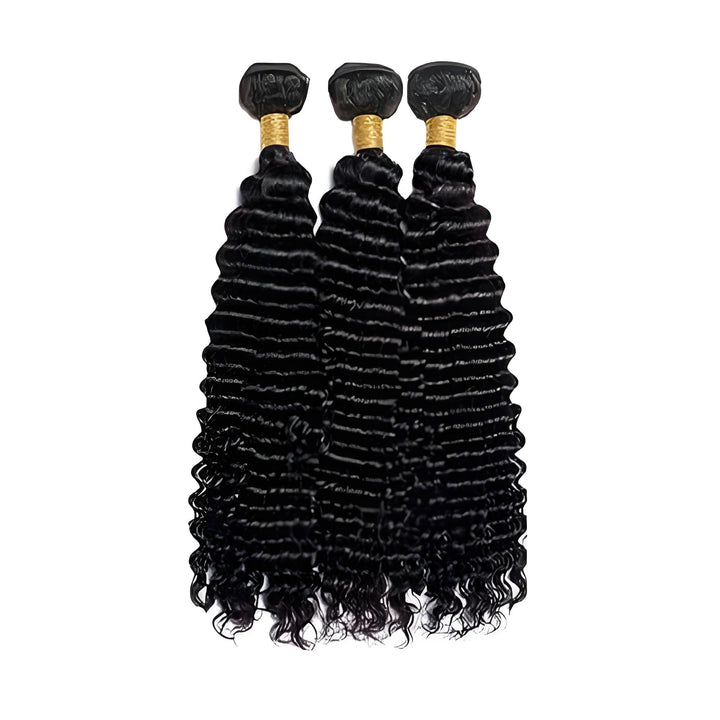 Three deep wave bundles displayed upright, highlighting uniform curls, natural color, and thick ends.