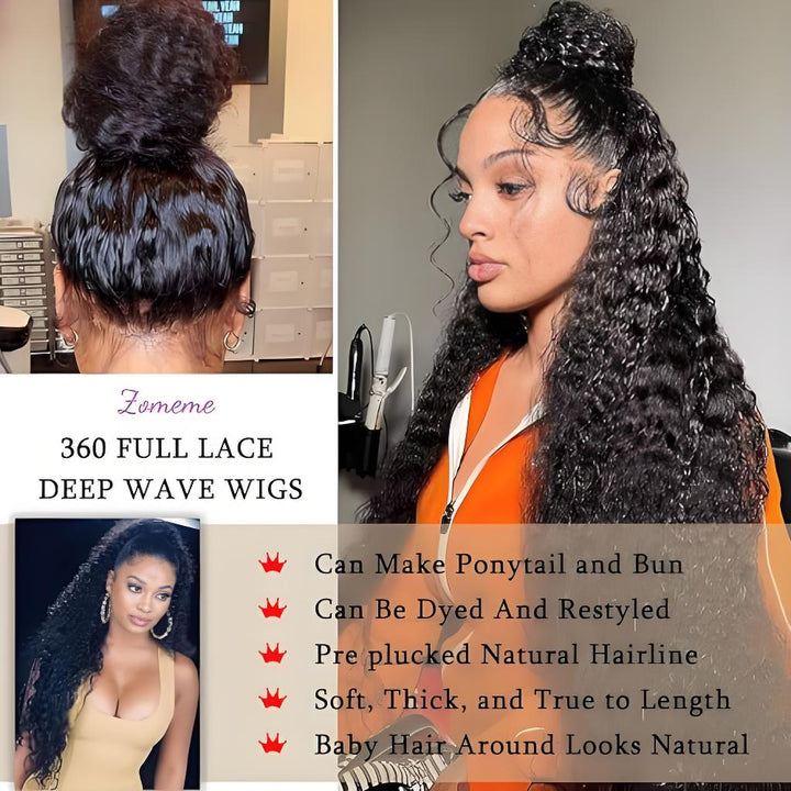 Infographic displaying features of 360 full lace deep wave wig including bun styling, dyeability, pre-plucked hairline, and soft baby hairs.