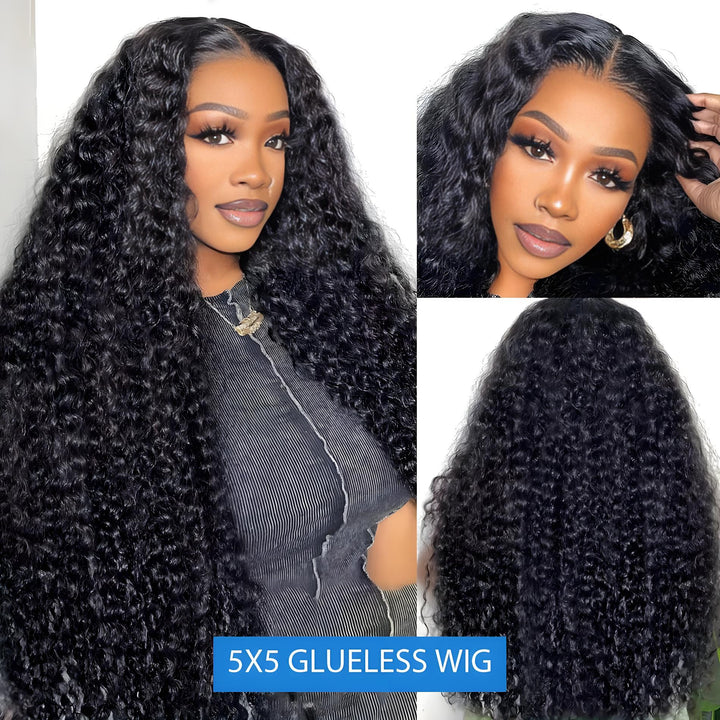 Model wearing long deep wave 5x5 glueless lace wig, showing front, side, and full back view of natural black curls.